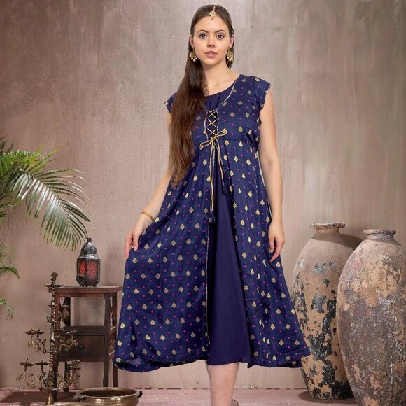Buy EthnoChic Midnight Blue Silk Dress Online | Muvvas Boutique - Picture 1 of 5